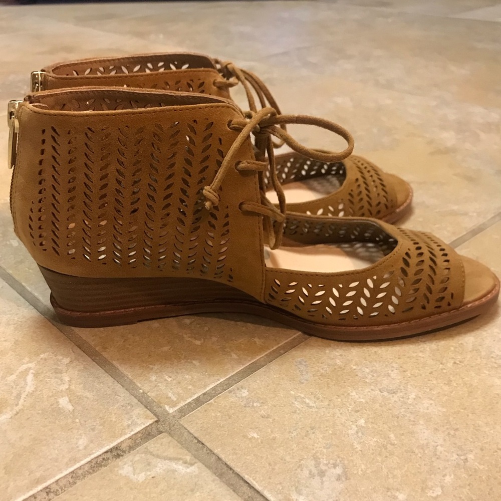 Open toe demi wedge tan suede leather shoes